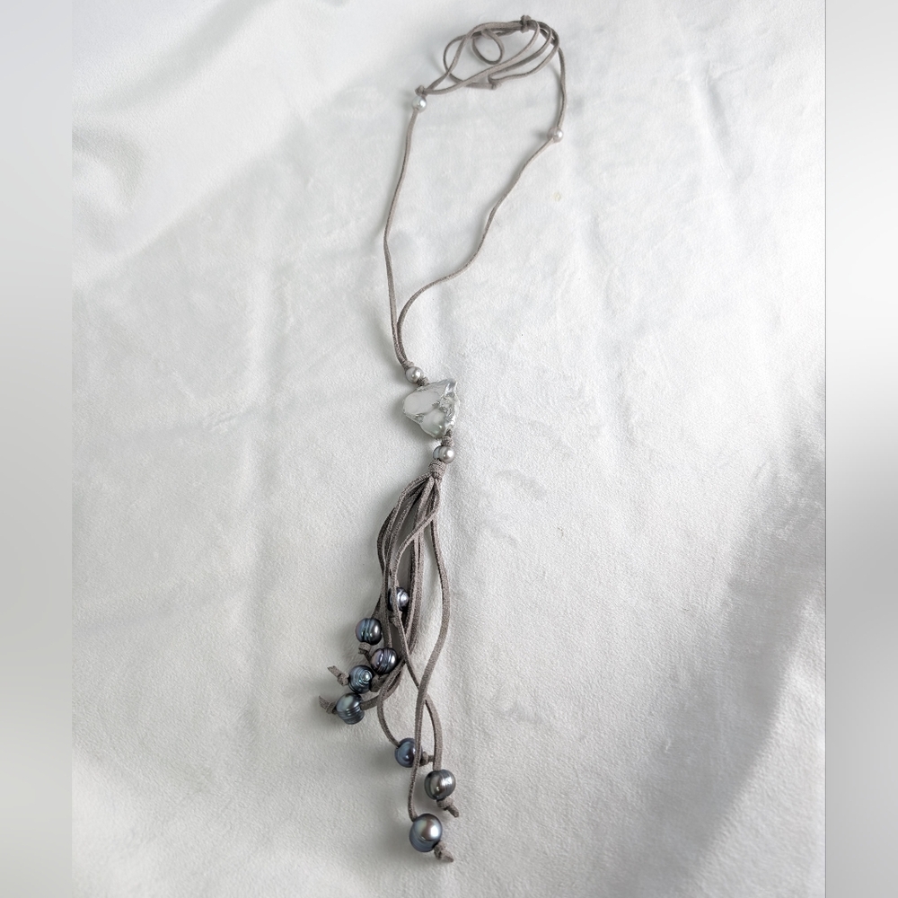 🌷Handmade Greek Elegant Gray Beaded Tassel Necklace With Chrome Centerpiece